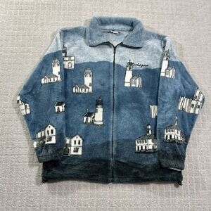 Vintage 90s Michigan Lighthouse Fleece Size Medium Great Lakes Full Zip Jacket‎